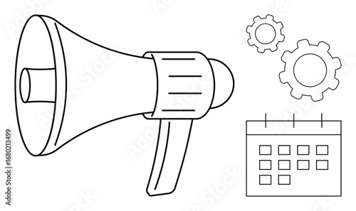 Amplifying megaphone, gears for productivity, and calendar for planning. Ideal for marketing, business promotion, event management, communication strategies, planning tools, teamwork simple landing