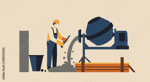 Construction Worker Pouring Concrete from Mixer.