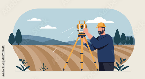 Surveyor Using Total Station Instrument in Field.