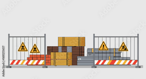 Construction Site with Warning Signs and Materials.