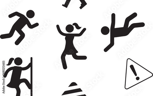 Warning signs and stick figures showing various activities like running jumping climbing and falling on a white background