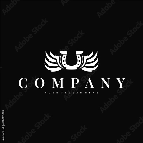 Horseshoe logo with minimalist black silhouette design as a symbol of horse ranch and blacksmith symbol logo template illustration concept for brand or poster
