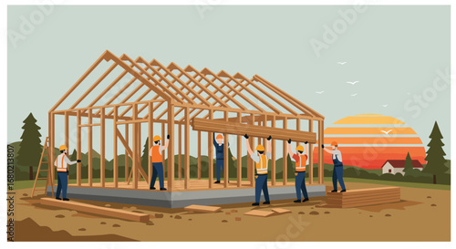 Construction Workers Building Wooden House Frame Illustration.