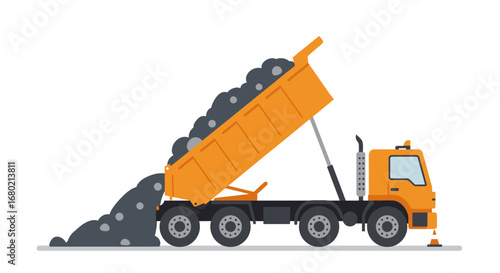 Orange Dump Truck Unloading Gravel Illustration.