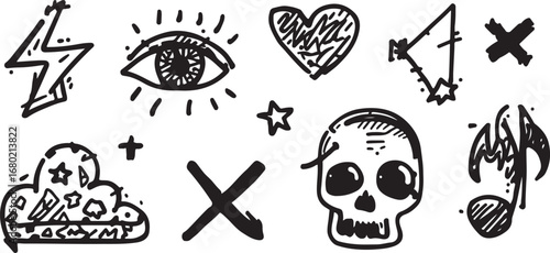Whimsical Doodle Art Featuring Lightning Bolt Eye Heart Cloud Skull Music Note and More in Black and White