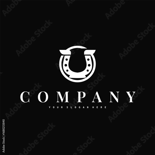 Horseshoe logo with minimalist black silhouette design as a symbol of horse ranch and blacksmith symbol logo template illustration concept for brand or poster