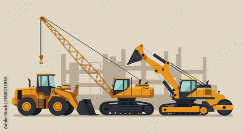 Three Yellow Construction Vehicles on Beige Background.