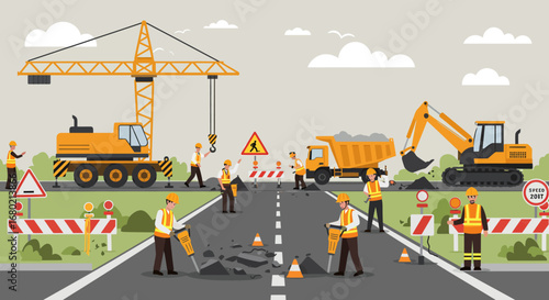 Road Construction Scene with Workers Machinery and Signs.
