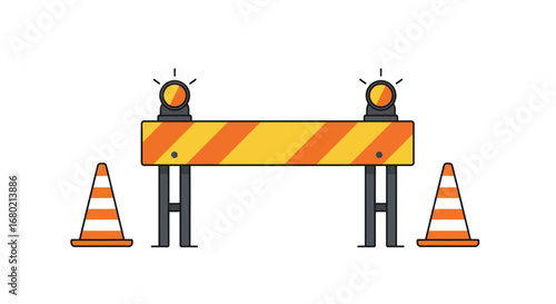 Cartoon Road Construction Barrier with Warning Lights.