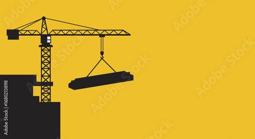 Black Silhouette Construction Crane Lifting Concrete Block.