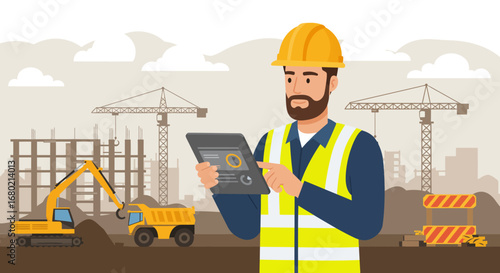 Construction Worker with Tablet Inspecting Building Site.