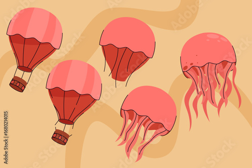 Whimsical vector of hot air balloons and jellyfish sharing similar rounded forms on a soft beige background.