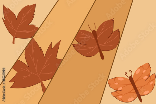 Autumn leaves scattered on wooden planks with one leaf morphing into a butterfly, conveying seasonal change and creativity.