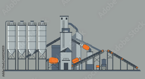 Industrial Concrete Plant Illustration with Silos and Conveyor.