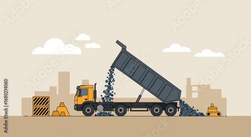 Dump Truck Unloading Gravel in Construction Scene.