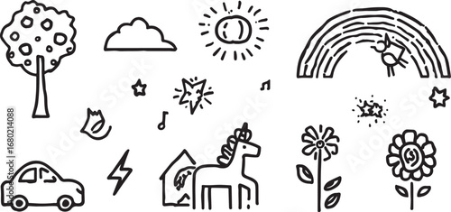 Whimsical Hand Drawn Black and White Vector Illustration Featuring a Rainbow Unicorn and Other Enchanting Elements for Creative Designs and Projects