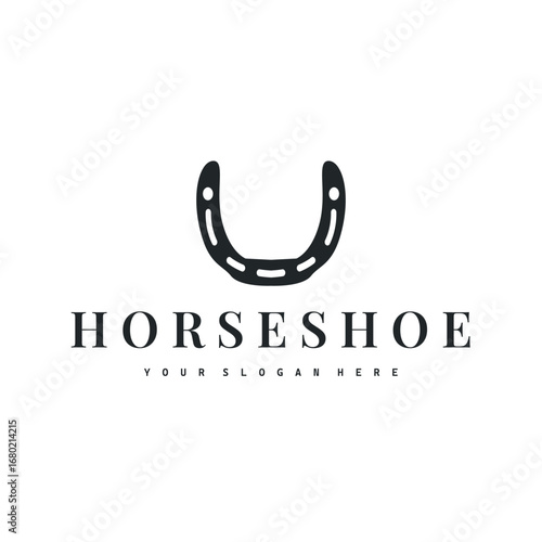 Horseshoe logo with minimalist black silhouette design as a symbol of horse ranch and blacksmith symbol logo template illustration concept for brand or poster