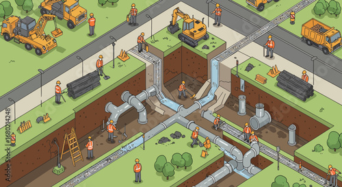 Isometric Illustration of Construction Workers Installing Underground Pipes.