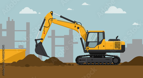 Yellow Excavator Digging Earth on Construction Site.