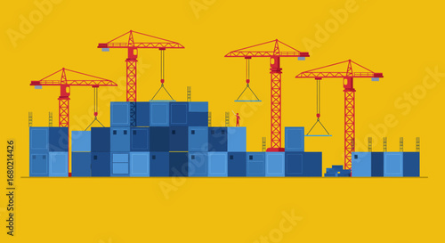 Construction Site with Cranes and Shipping Containers.