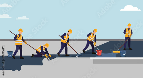 Construction Workers Applying Coating with Rollers and Buckets.