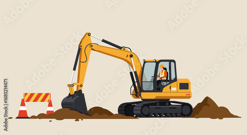 Yellow Excavator with Operator Digging Earth at Construction Site.