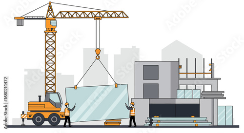 Construction Crane Lifting Glass Panel for Building.