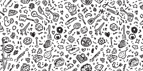 Whimsical Hand Drawn Kitchen and Food Pattern Background Featuring Utensils and Delicious Treats for Culinary Projects and Design