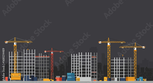 Construction Site with Cranes and Building Structures.