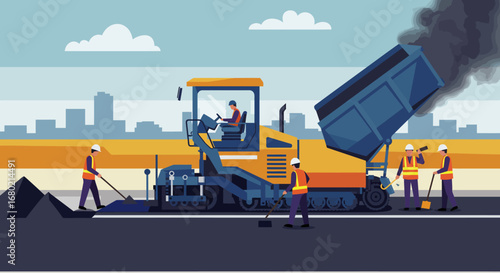 Asphalt Paving Machine with Workers on Road Construction Site.