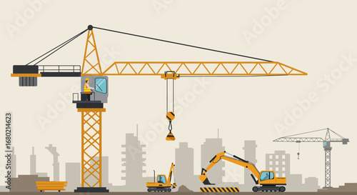 Construction Site with Tower Cranes and Excavators.