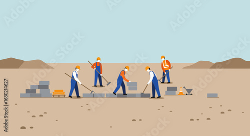 Construction Workers Building with Bricks and Tools.