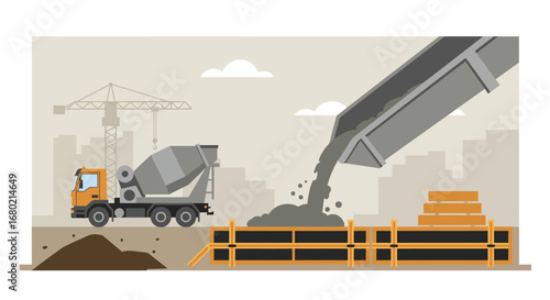 Construction Site with Concrete Mixer and Pouring.