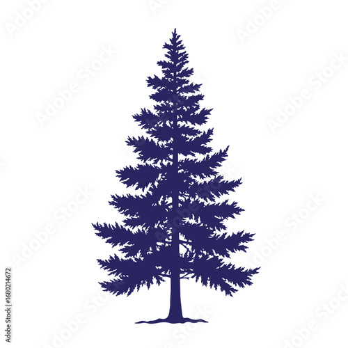 Elegant silhouette of a lush evergreen fir tree isolated on a clean white background