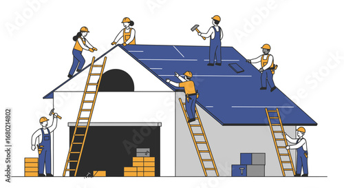 Construction Workers Repairing Roof of a House Illustration.