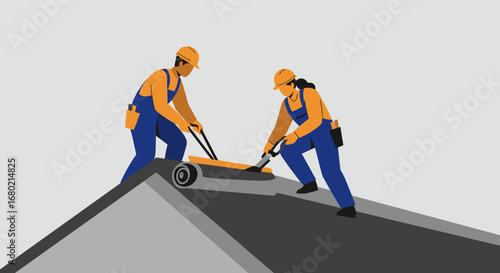 Construction Workers Installing Roofing Material on Building.