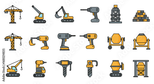 Construction Equipment Icons: Cranes Drills and Mixers.