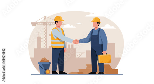 Two Construction Workers Shaking Hands Agreement.