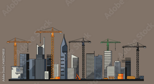 Stylized Cityscape with Construction Cranes and Buildings.
