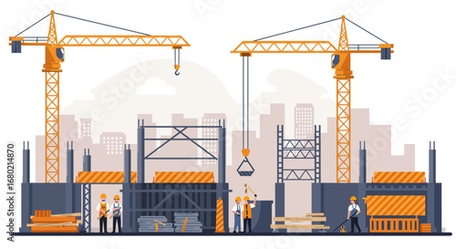 Construction Site with Cranes Workers and Buildings.