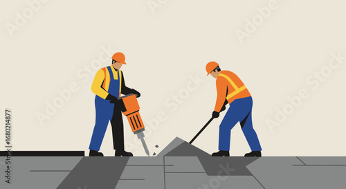 Construction Workers Using Jackhammer and Shovel on Pavement.