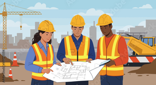 Construction Workers Reviewing Blueprints at Building Site.