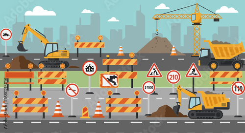 Construction Site with Heavy Machinery and Road Signs.