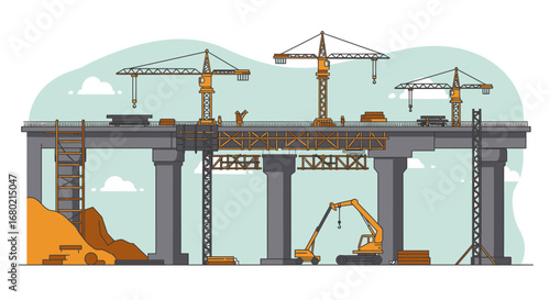 Construction Site: Bridge Under Construction with Cranes.