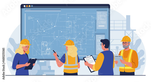 Architects Reviewing Blueprints on Digital Display Together.