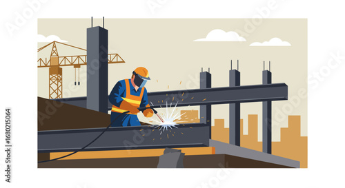 Construction Worker Welding Steel Beam on Building Site.