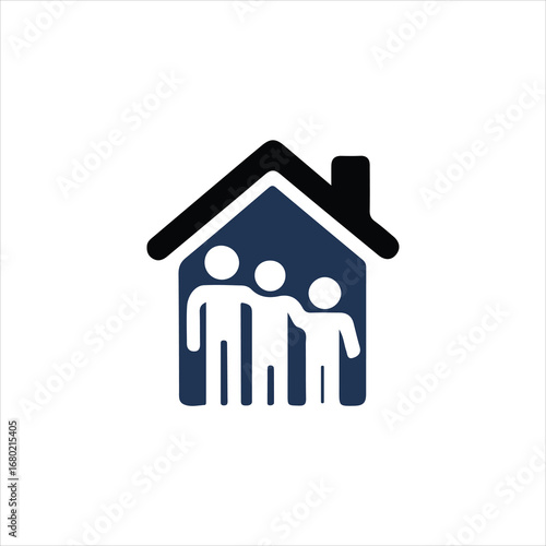 Family Silhouette Inside House Icon in Blue and Black people home