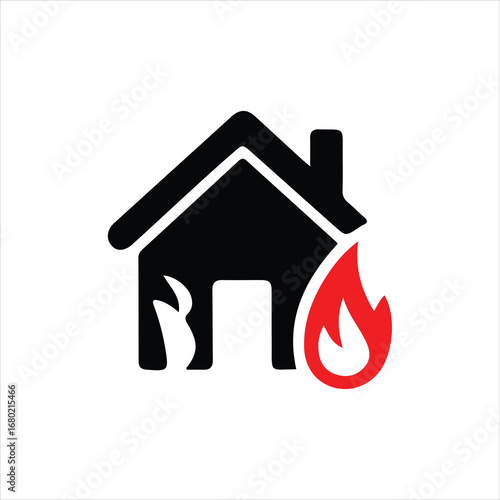 Black house icon with red flame indicating fire damage and danger home burning