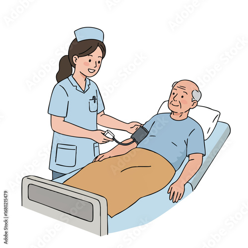 A cheerful elderly male patient is gently receiving blood pressure measurement from a caring female nurse in a hospital bed, presented as a clean flat vector illustration.