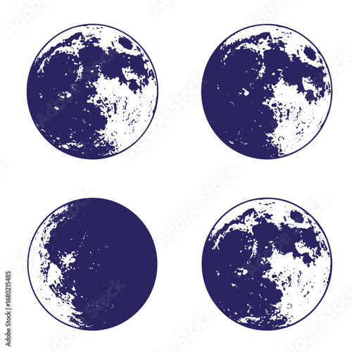 Four isolated lunar phases in dark blue color showing details of the moon's surface